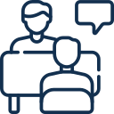 a logo that shows two people discussing